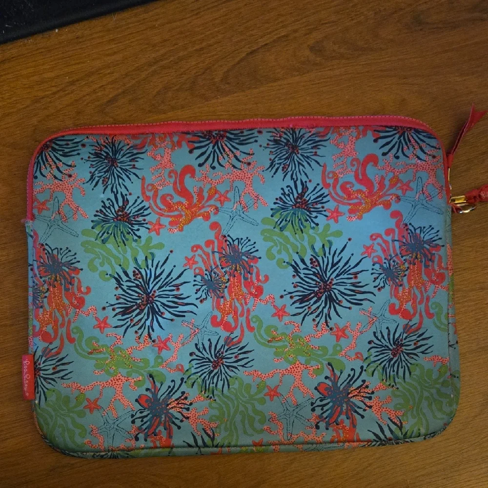 Lilly Pulitzer Hot Pink Aqua Green Padded Laptop Zippered Bag Plush Lined 15x12